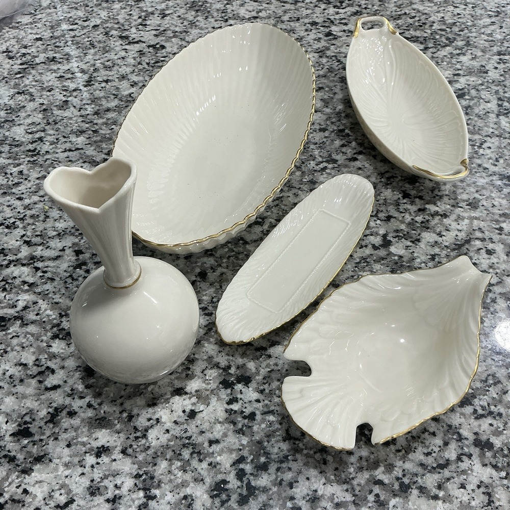 Vintage Lenox Classic Ivory & Gold Lot USA Vase Serving Candy Ect. Dish 5 Pc